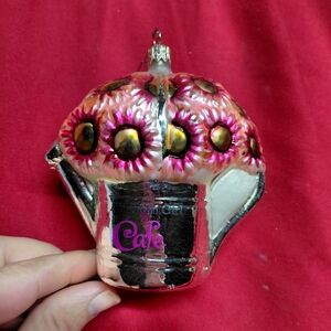 hand-painted, blown glass Christmas ornament  watering Can Pink Sunflowers